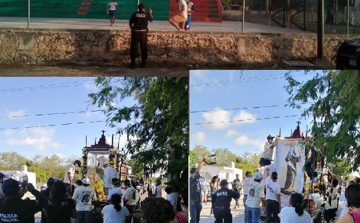 POLICÍAS MUNICIPALES SOLAMENTE TOMAN FOTOGRAFÍAS Y NO CUIDAN LA SANA DISTANCIA DENUNCIAN EN DZIDZANTÚN.