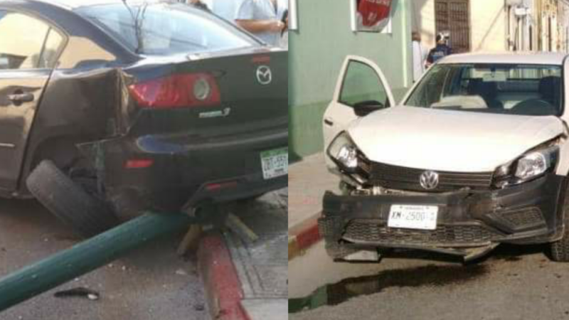 Un veracruzano se vuela un alto, chocó contra un Mazda y derribó un semáforo en Mérida