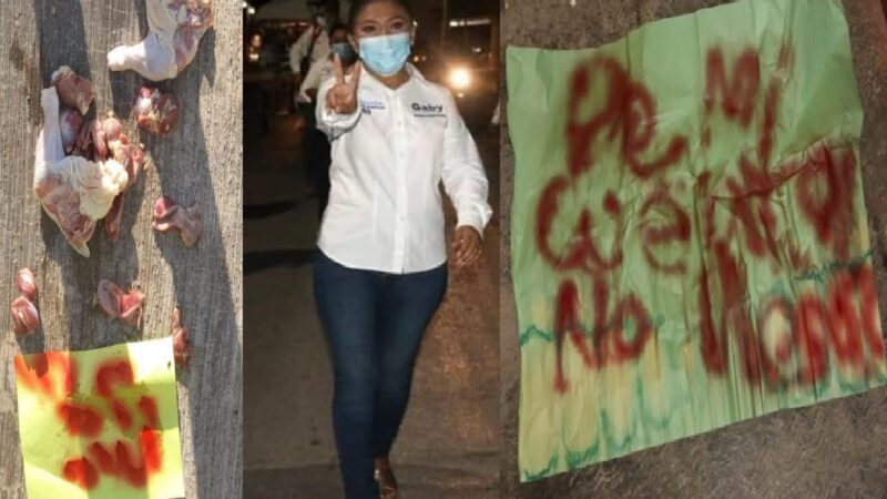 Con un cartel con sangre y moches de pollo intimidan a la candidata del PAN en Sucilá