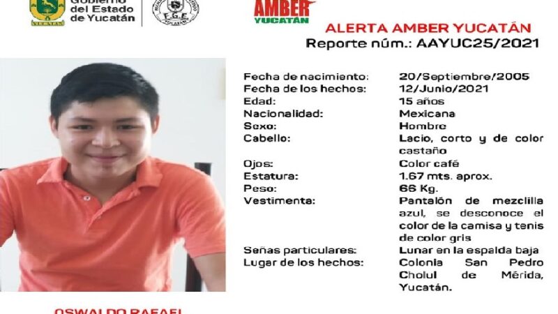 Alerta Amber por joven de 15 años desaparecido en San Pedro Cholul, Mérida