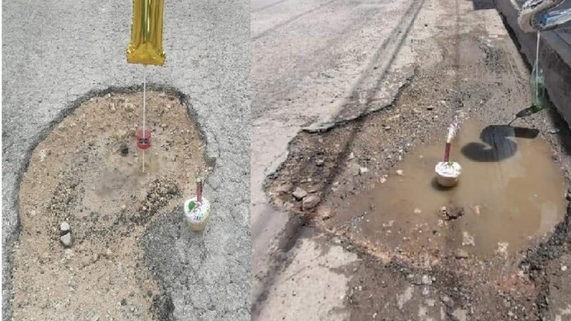 Vecinos festejaron el cumpleaños de dos baches en Valladolid
