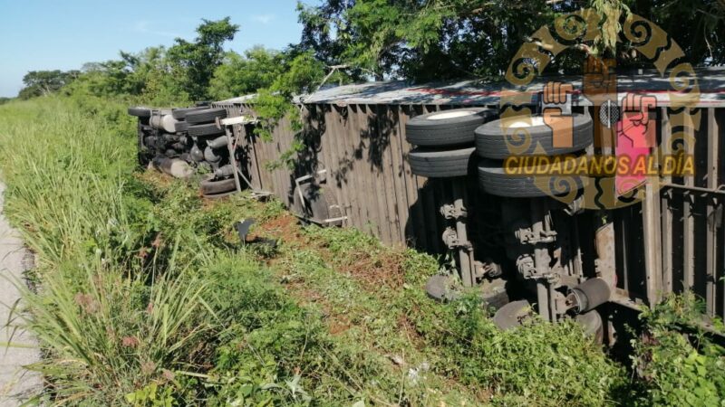Tráilero dormita y vuelca en la Mérida-Tizimín, trasportaba dos automóviles