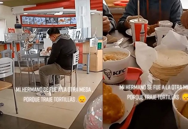 Joven se avergüenza de su familia por que llevaron tortillas a KFC: se cambio de mesa