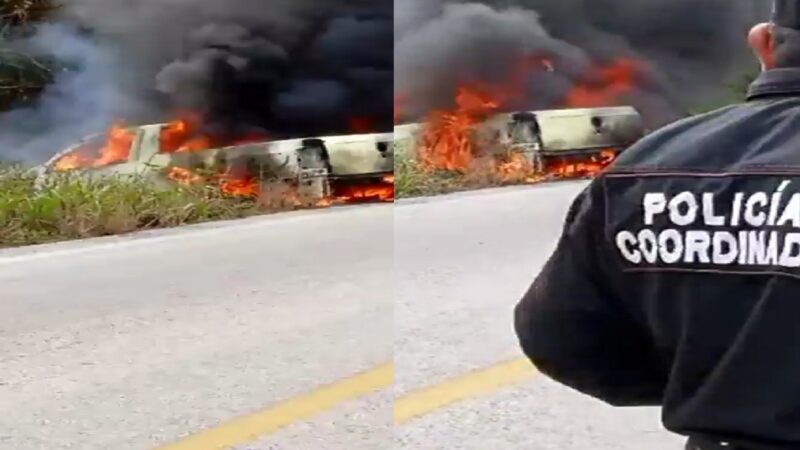 Una camioneta se sale de la carretera y se incendia en la Dzilam de Bravo.