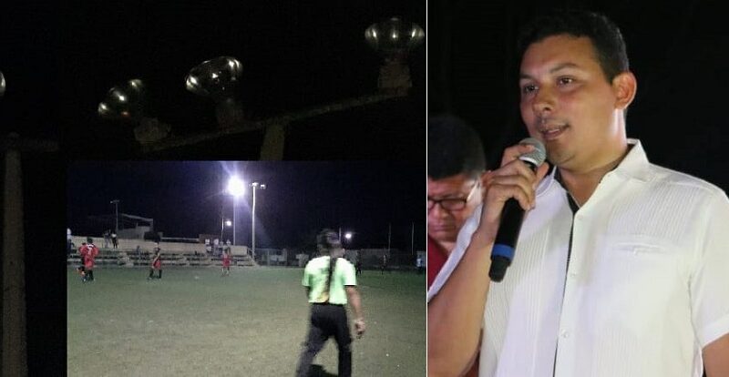 A oscuras juegan futbol por fallas en los reflectores de la cancha, en Dzilam González