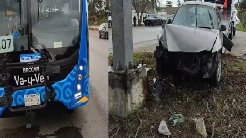 Ebrio intentó darse a la fuga se estrelló contra un poste, antes choco a un autobús de “Va y ven”
