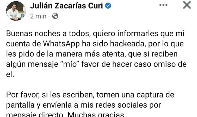 Le Hackean su cuenta de Whatsapp a Julián Zacarias alcalde de Progreso