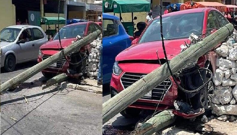 Acelerado chofer chocó contra poste de Telmex y lo derribó en Kanasín