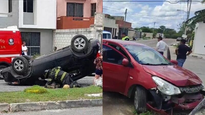 Va al rescate de su esposa que volcó y choca en el fraccionamiento Tixcacal Opichén