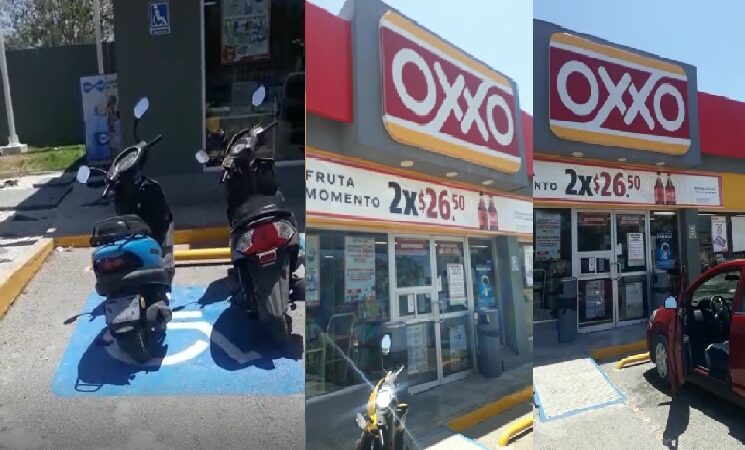 Empleados prepotentes del Oxxo de Motul niegan estacionamiento a cliente con discapacidad.
