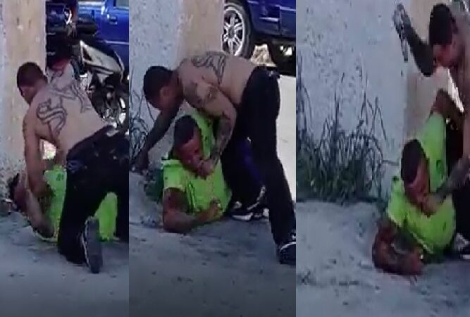 Par de vándalos se lían a golpes frente a una primaria en el centro de Progreso