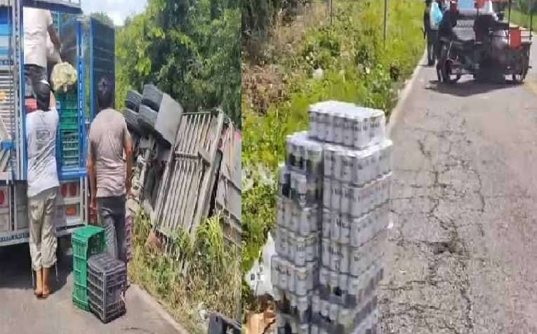 Vecino de Kantunil rapiñaron un tráiler que volcó cargado de Cerveza