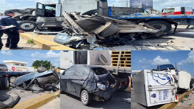 Un tráilero causa tremenda carambola en el puente de San Pedro Nohpat