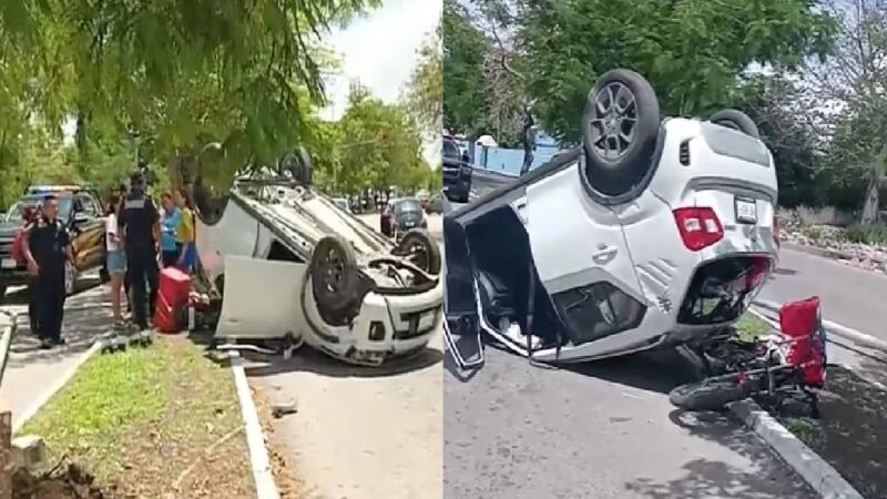 Abuelito rápido y furioso choca contra un poste, atropella aun motociclista y vuelca en la Fidel Velázquez