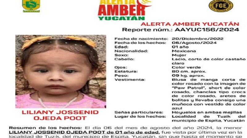 Se activa Alerta Amber por la desaparición de una niña de un año de edad en Tuzik, comisaria de Espita