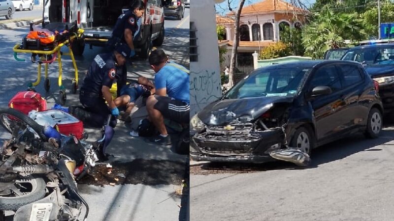 Dos motociclistas se vuelan un alto, chocan contra un Spark y lesionan en las Cinco Colonias al sur de Mérida