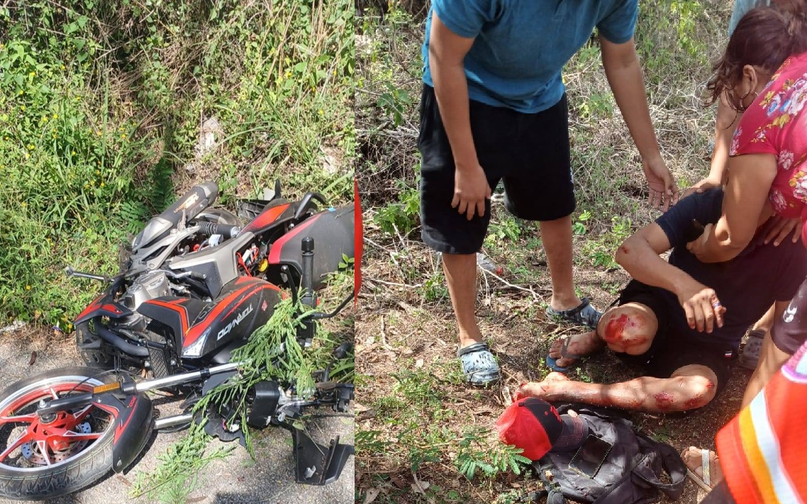 Un motorizado se le gasta la carretera y choca en una curva contra un vehículo