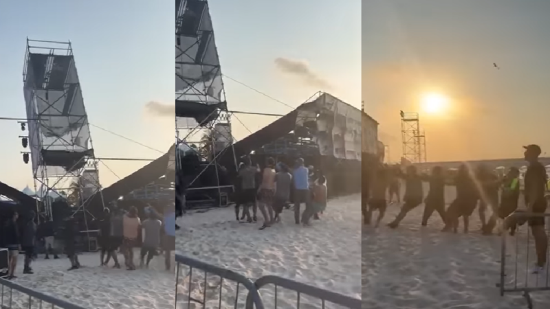 Susto: turistas evitan que desplome la torre de volibol playero en el malecón de Progreso