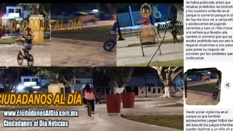 Bicicletas y Scooter un peligro para personas y niños que juegan en el parque de Dzidzantún