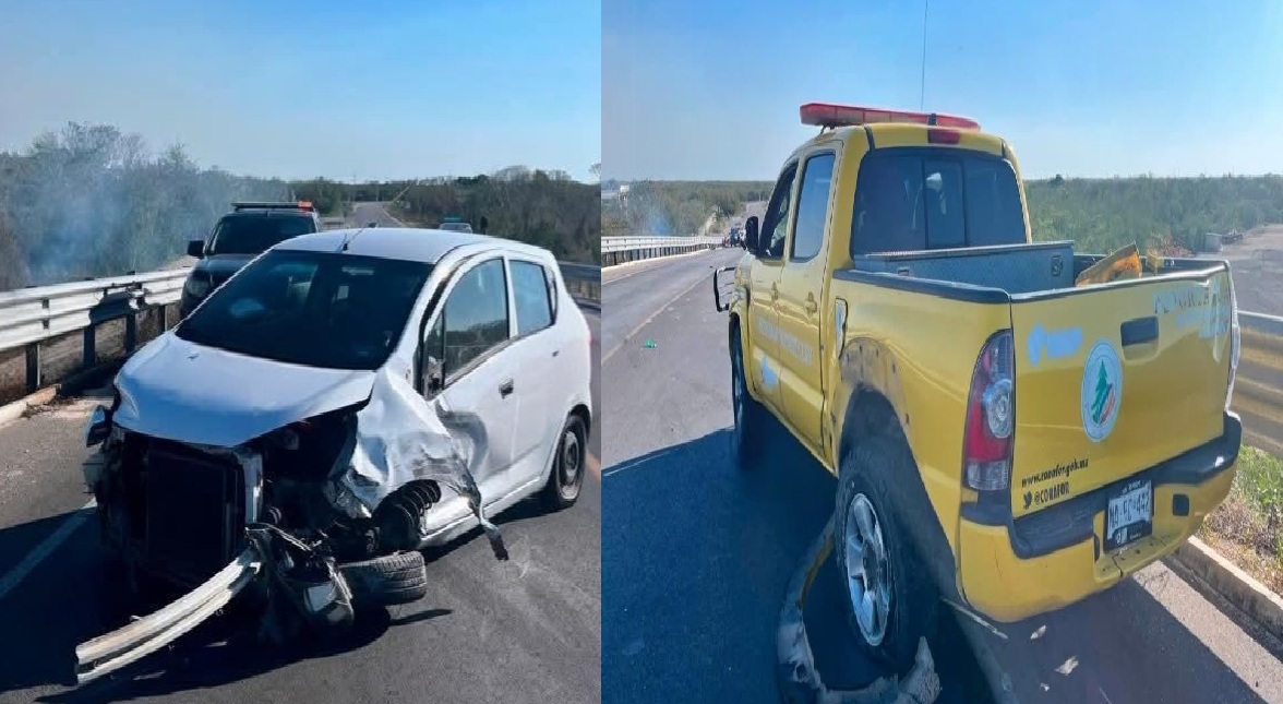 Camioneta de la Conaford choca en un puente del Tren Maya del libramiento de Tixpéhual
