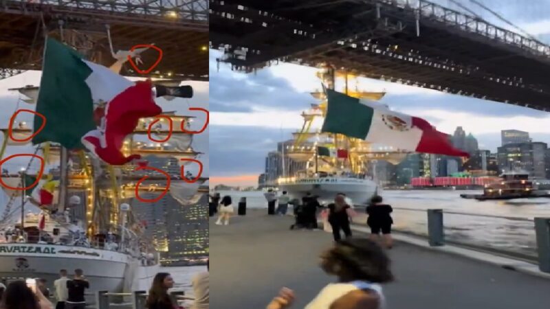 Choca el ARM Cuauhtémoc de la Armada de México contra el Puente de Brooklyn en Nueva York.