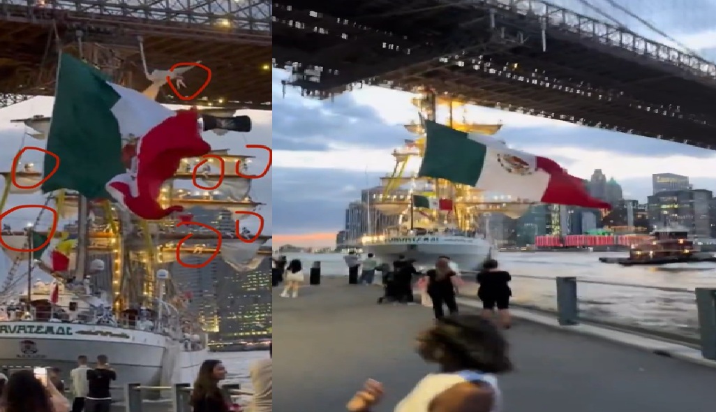 Choca el ARM Cuauhtémoc de la Armada de México contra el Puente de Brooklyn en Nueva York.