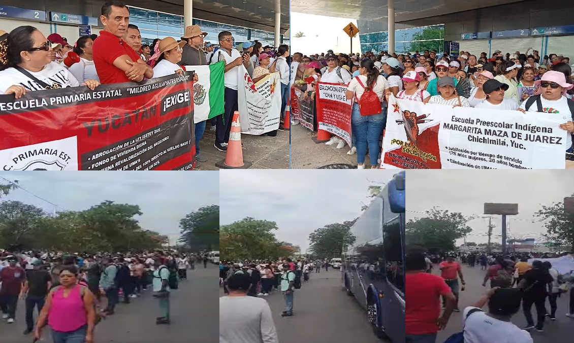 Siguen las protestas en Yucatán: Maestros bloquean el aeropuerto internacional de Mérida