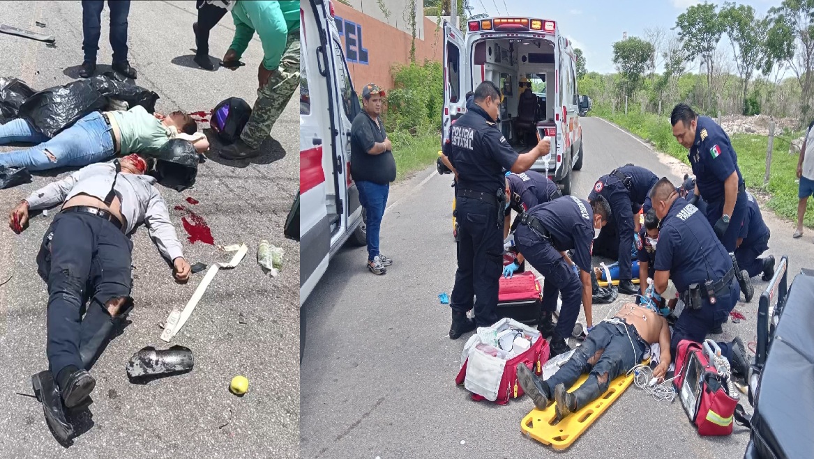 Pareja de motociclistas quedan heridos de gravedad tras chocar contra una camioneta en el Periférico de Mérida