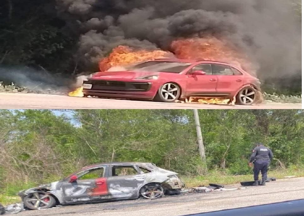 Se incendia un auto de lujo “Porsche Macan GTS” en la carretera Mérida- Motul