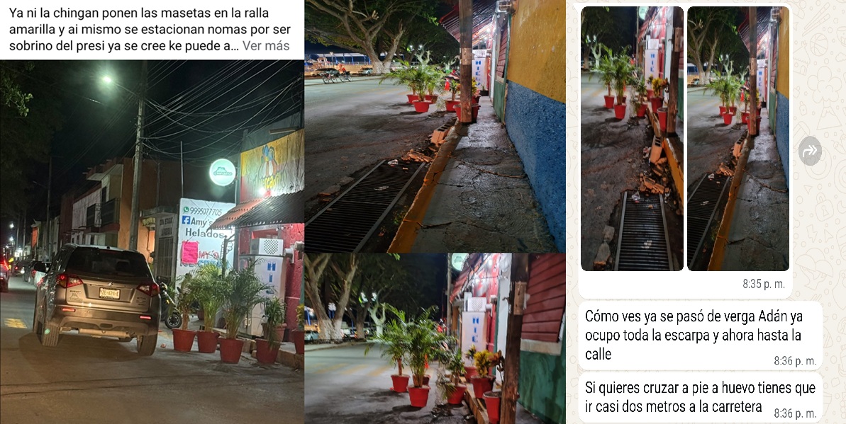 Un sobrino del alcalde de Dzidzantún coloca macetas en un paso peatonal