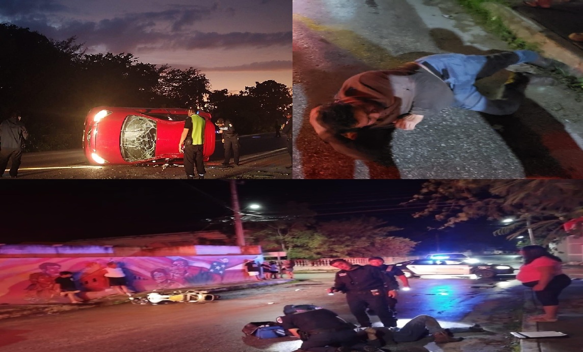 Un automovilista choca a un motociclista en Motul y otro vuelca en el periférico de Buctzotz