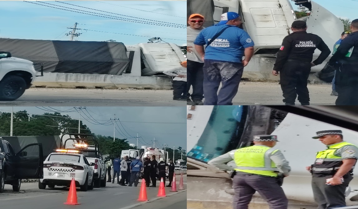 Un tráilero vuelca en un tope improvisado en la carretera federal Mérida – Motul