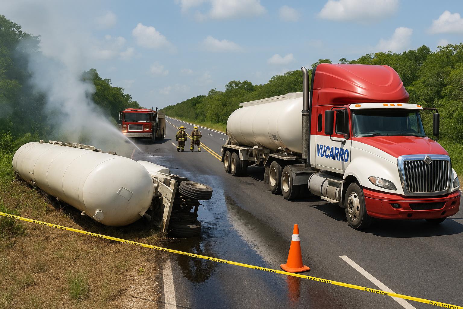 Vuelca una pipa cargada con 31 mil litros de turbosina entre Sisbichén y Chemax en la Mérida-Cancún