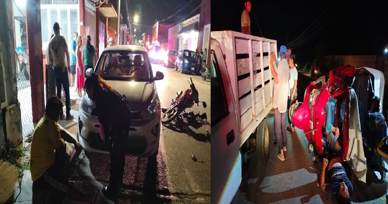 Ebrio choca contra un auto estacionado y un mototaxi choca contra una camioneta cerca del periférico de Motul