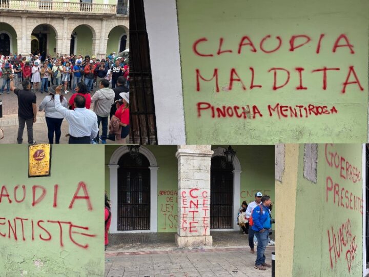 Maestros de la CNTE y CTEY pintan y dañan el Palacio de Gobierno en Mérida, Yucatán