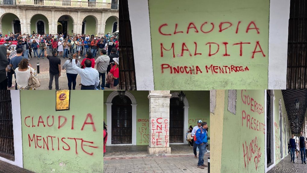 Maestros de la CNTE y CTEY pintan y dañan el Palacio de Gobierno en Mérida, Yucatán