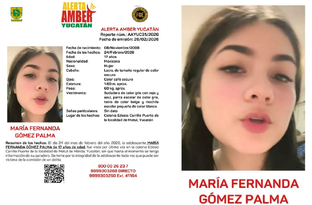 La FGE activó una alerta Amber por la desaparición de una adolescente en Motul