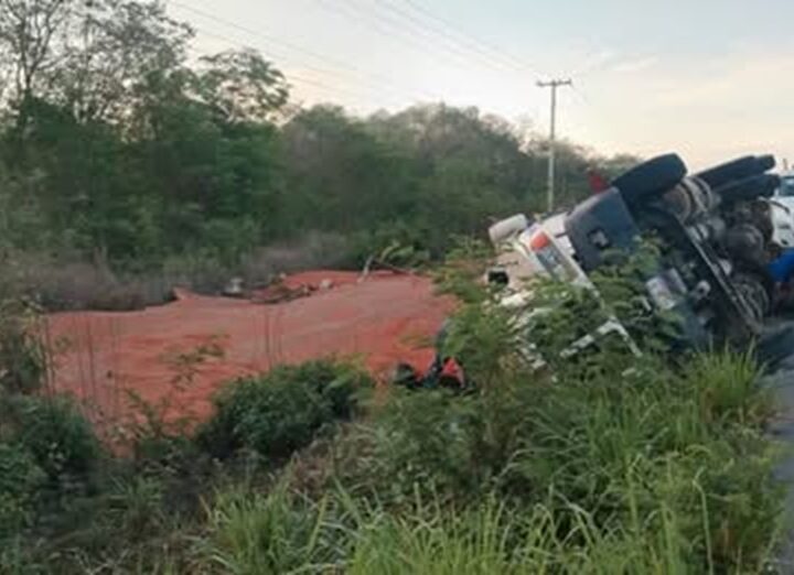 Un tráilero dormita y vuelca su tráiler cargado con toneladas de soya, en la federal Mérida-Muna