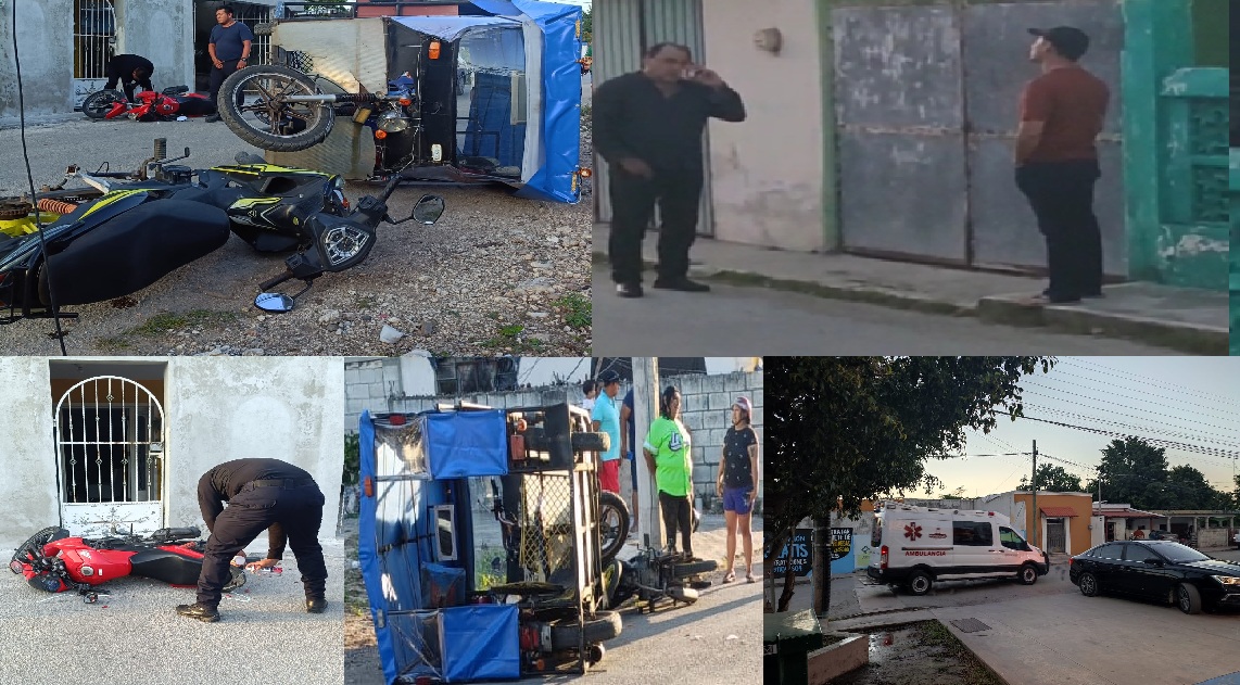 Un mototaxista choca y daña dos motocicletas en calles de Dzidzantún: lo encandilo los rayos del sol