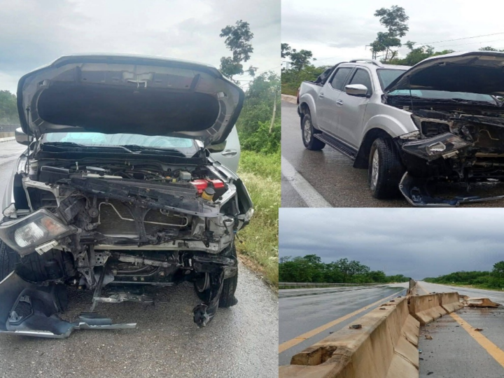 Le revienta un neumático y choca contra un muro de concreto en la autopista Mérida–Cancún