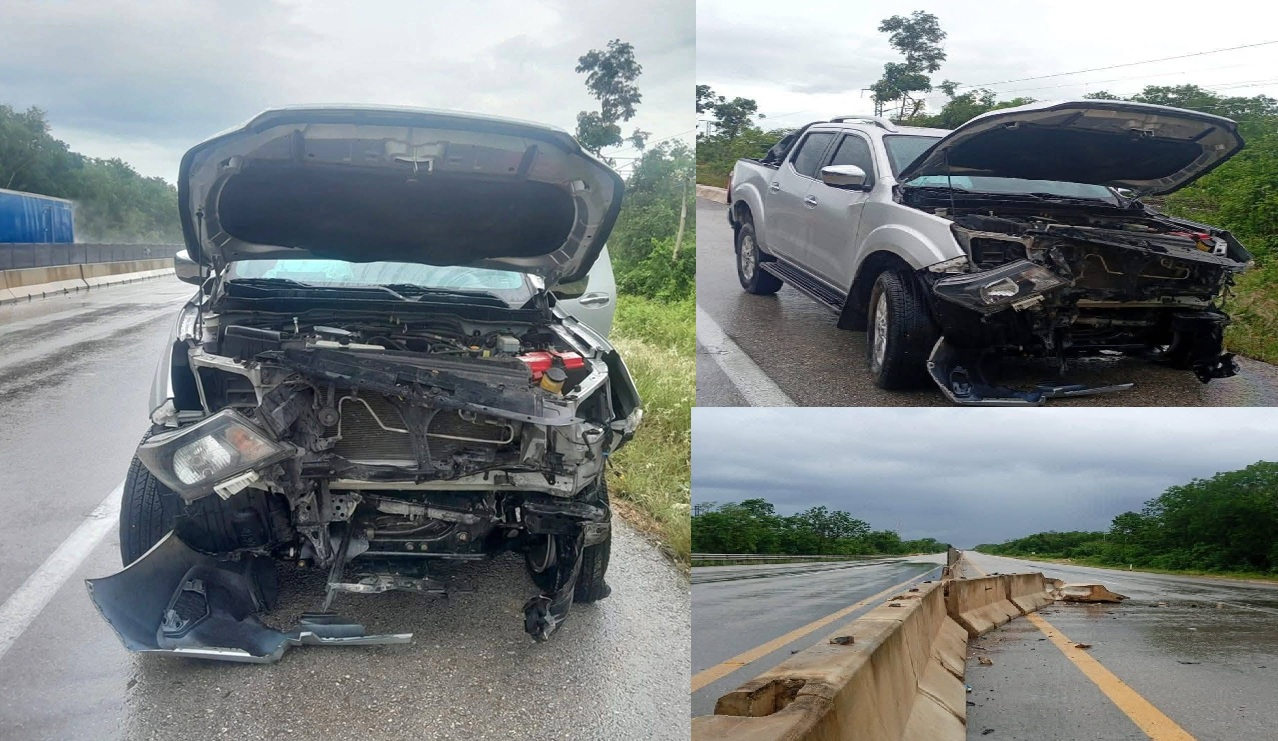 Le revienta un neumático y choca contra un muro de concreto en la autopista Mérida–Cancún