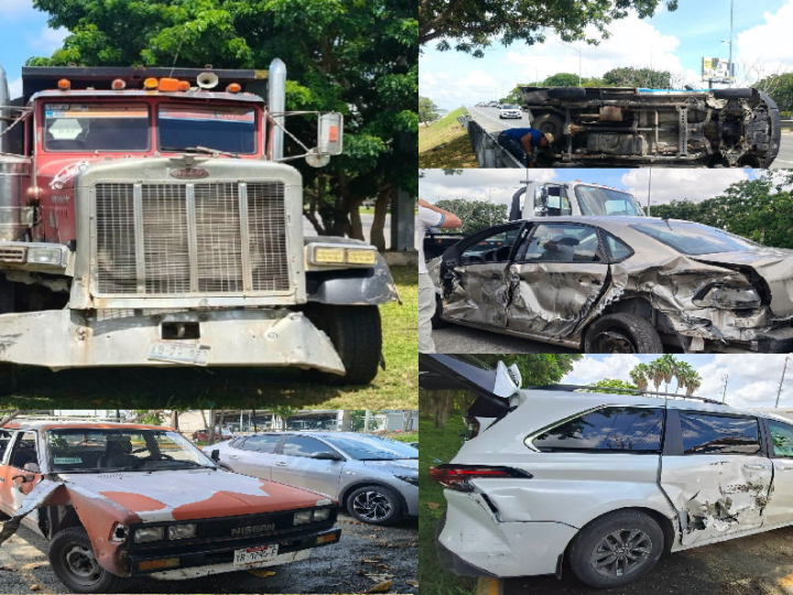 Volquetero causa una carambola en el periférico de Mérida, luego intenta darse a la fuga