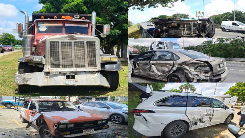Volquetero causa una carambola en el periférico de Mérida, luego intenta darse a la fuga