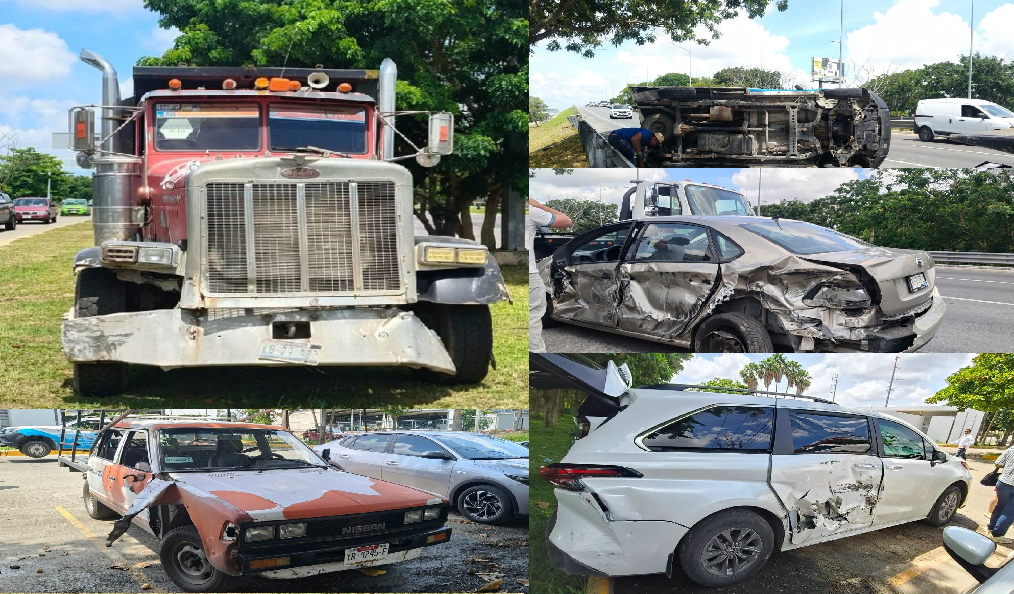 Volquetero causa una carambola en el periférico de Mérida, luego intenta darse a la fuga