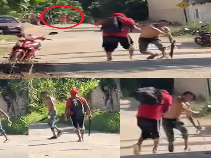 Dos sujetos ebrios y drogados se garran a pedradas y machetazos en Calotmul: Ponen en peligro a niños  
