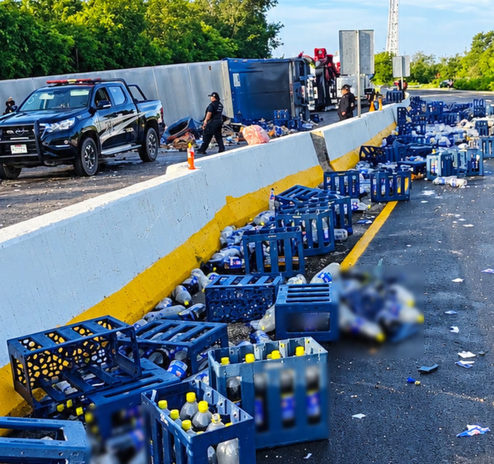 Un tráiler cargado con miles de botellas de refresco vuelca en la vía Mérida-Motul