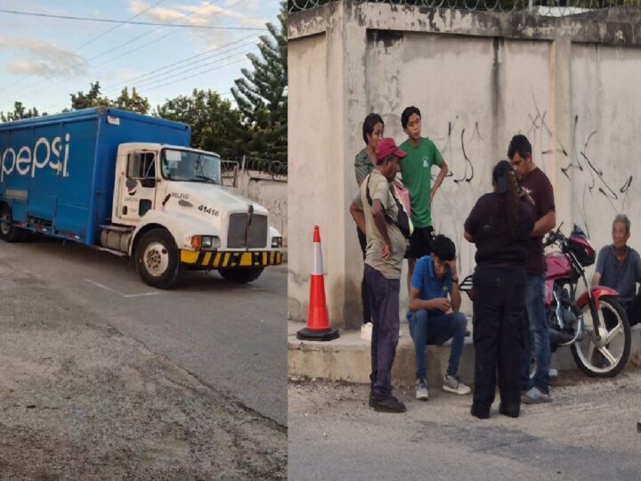 Un camión refresquero se vuela un alto, choca y lesiona a un motociclista en Cansahcab