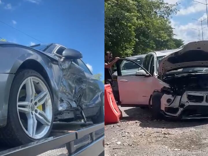 Un auto BMW y un Audi chocan entrando a Progreso, en la curva de desvió a Chelem