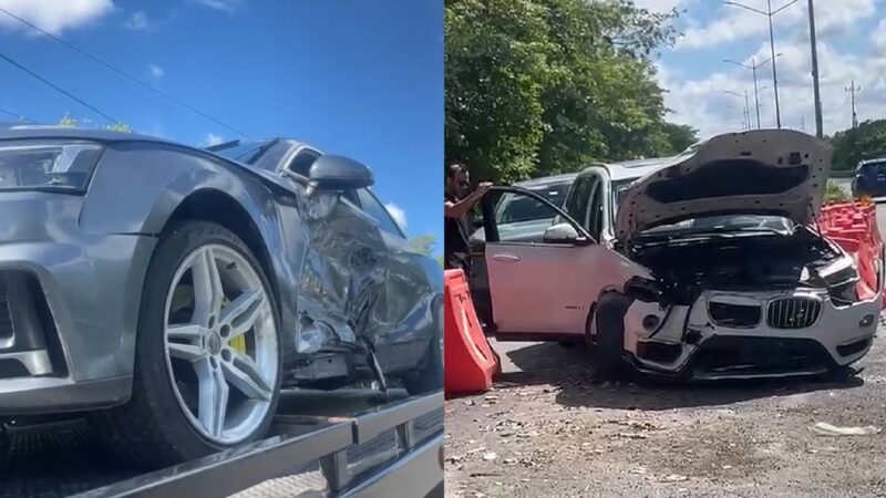 Un auto BMW y un Audi chocan entrando a Progreso, en la curva de desvió a Chelem